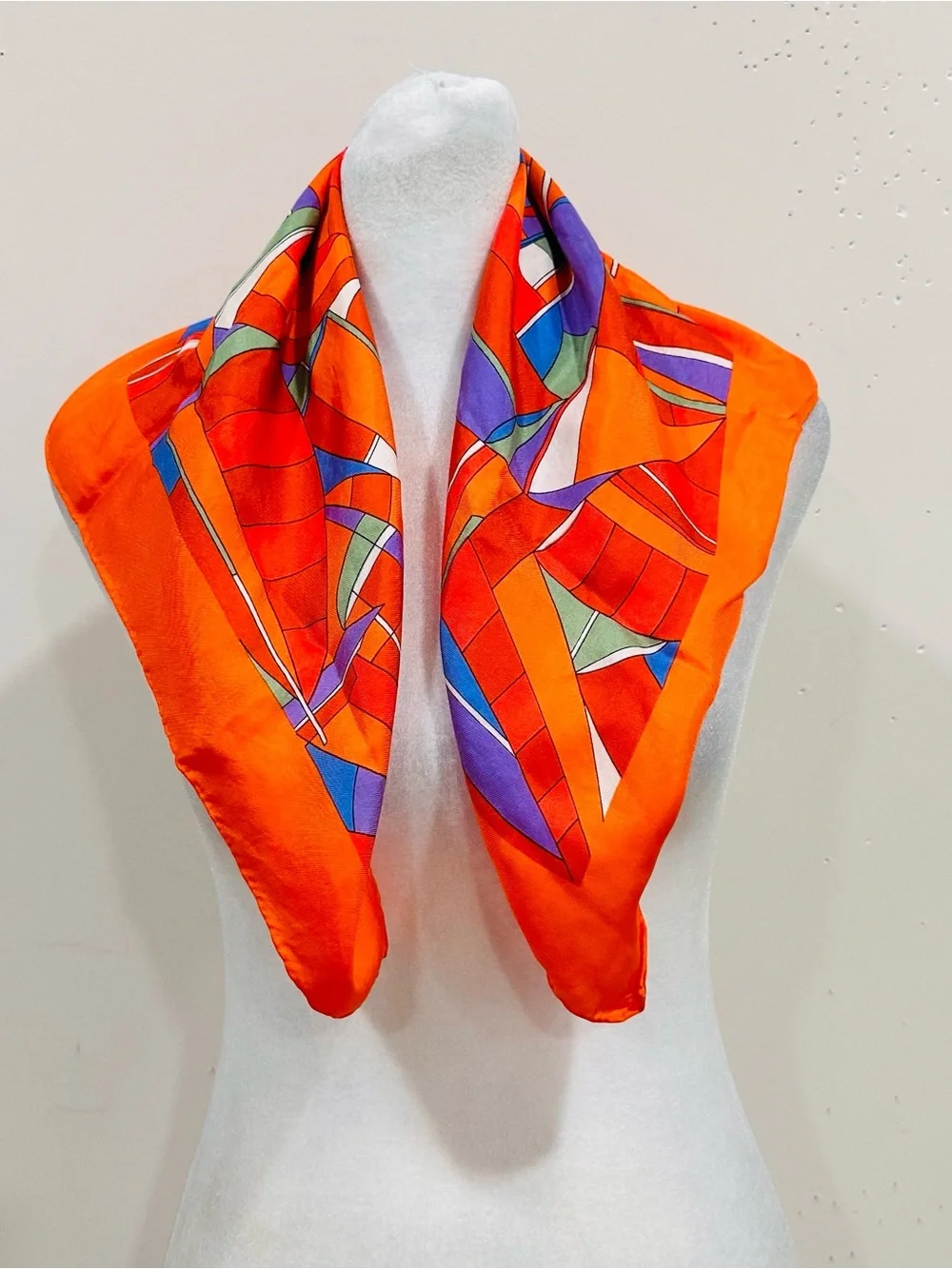 Vintage Echo Silk Scarf Orange Geometric Abstract Square Neck Head Wrap 23x23”